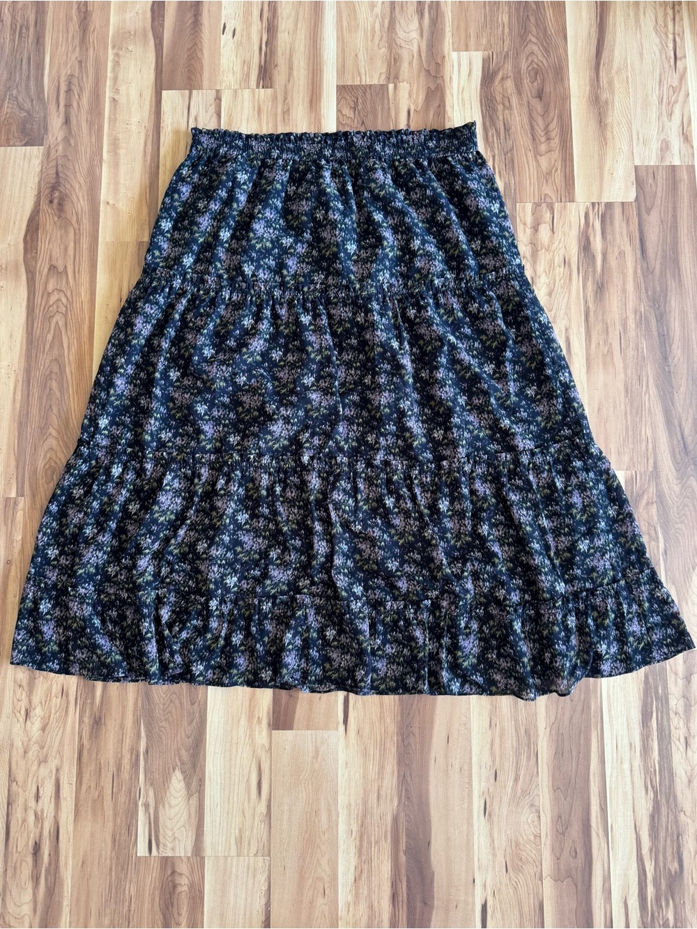 Madewell Floral Tiered Midi Skirt XL Black Purple Boho Cottagecore NWT